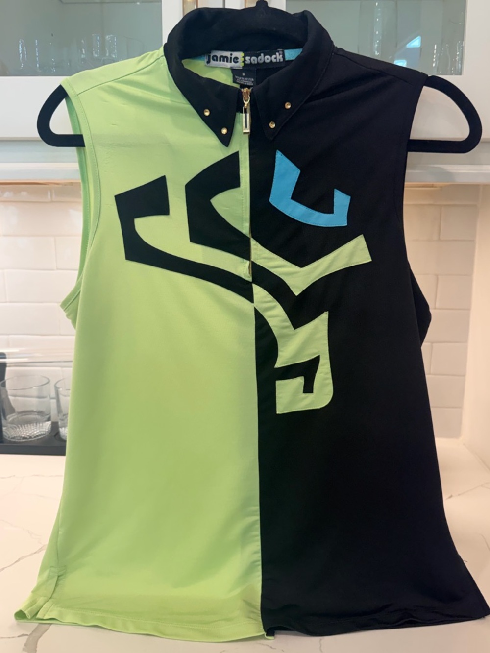 jamie sadock Lime Green and Black Golf Shirt with Gold Zipper and Accents - M